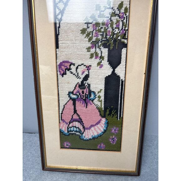 Vintage Framed Needlepoint Art of Victorian Lady 9.5" x 20" 1950s - Picture 6 of 10